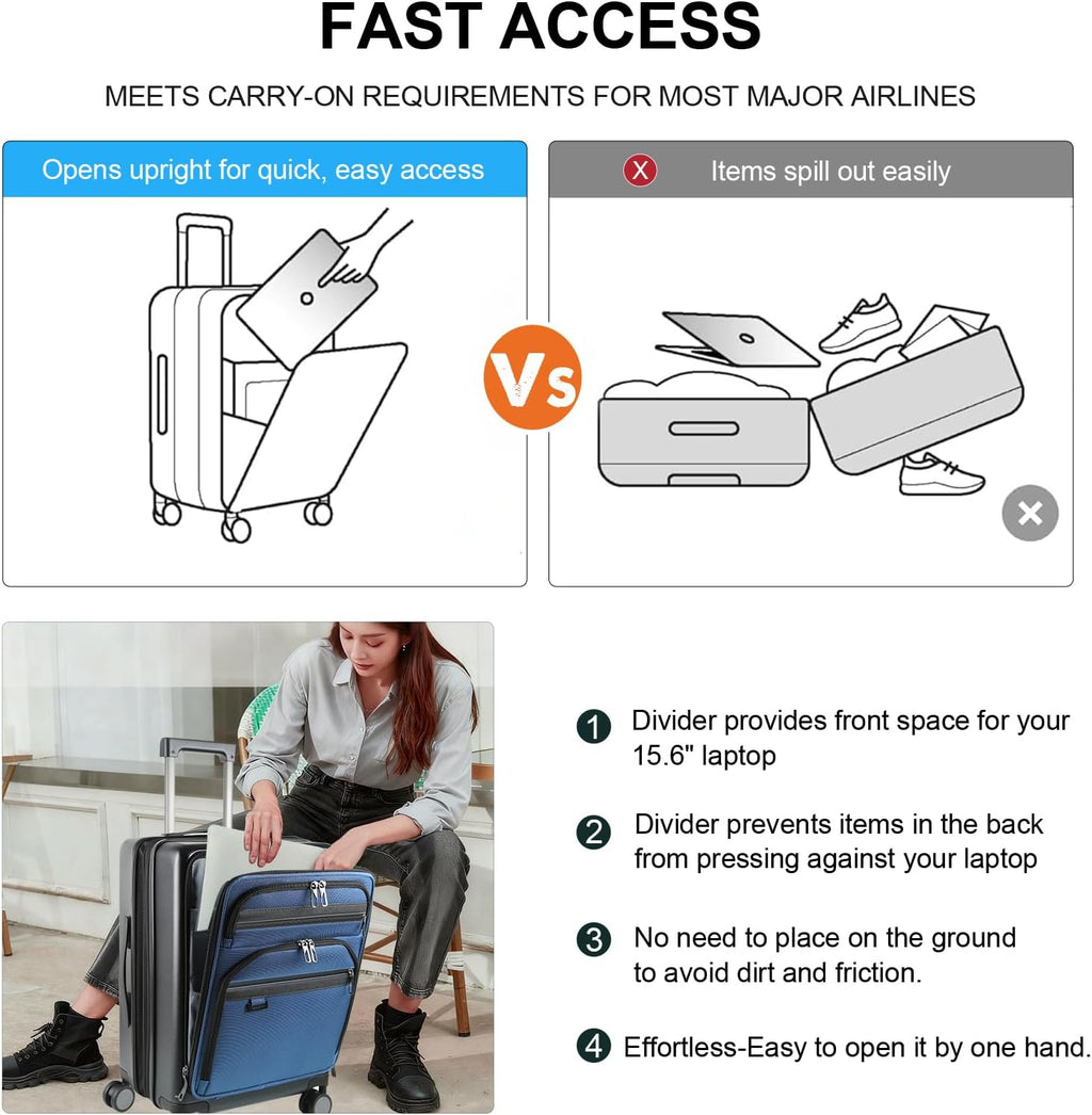 KROSER Hardside Expandable Carry On Luggage 22x14x9 Airline Approved With Front Business Pockets, 20 Inch Suitcases with Wheels, Carry on Suitcase with TSA Lock & USB Port, Black-Haze Blue