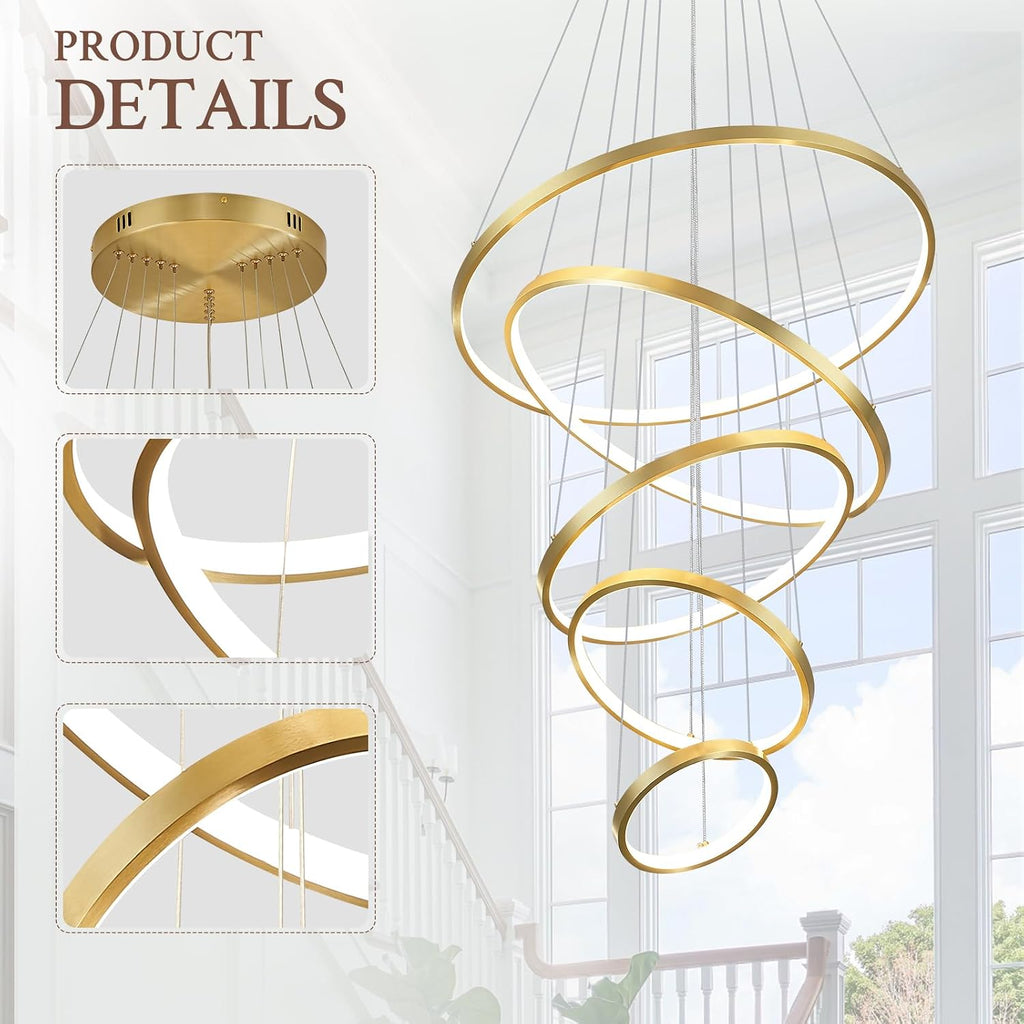 5 Ring Modern LED Chandelier Dimmable Gold High Ceiling Chandeliers for Foyer, LED Contemporary Large Pendant Lighting with Remote Control Circular for Living Room Staircase, 3000K-6500K