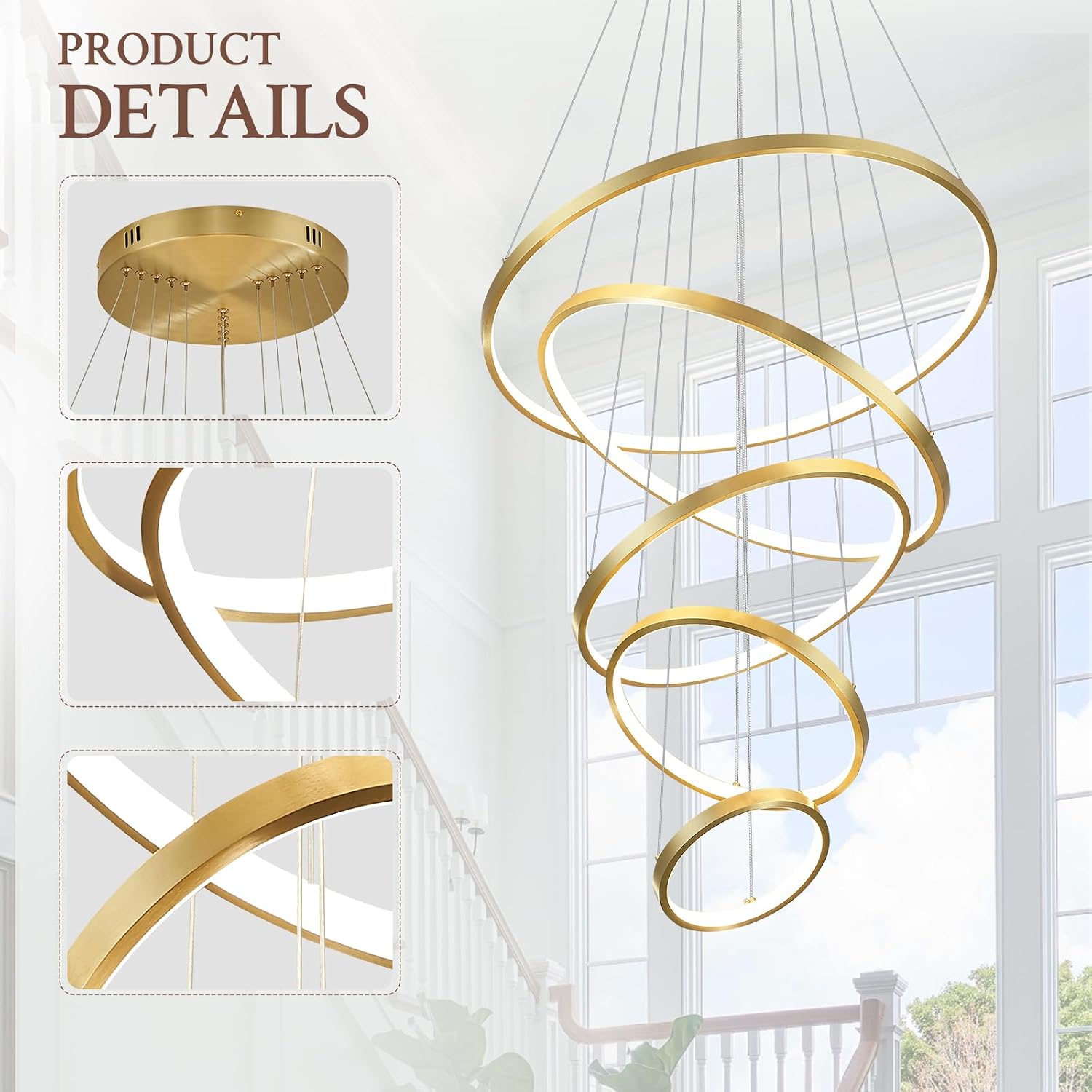 5 Ring Modern LED Chandelier Dimmable Gold High Ceiling Chandeliers for Foyer, LED Contemporary Large Pendant Lighting with Remote Control Circular for Living Room Staircase, 3000K-6500K