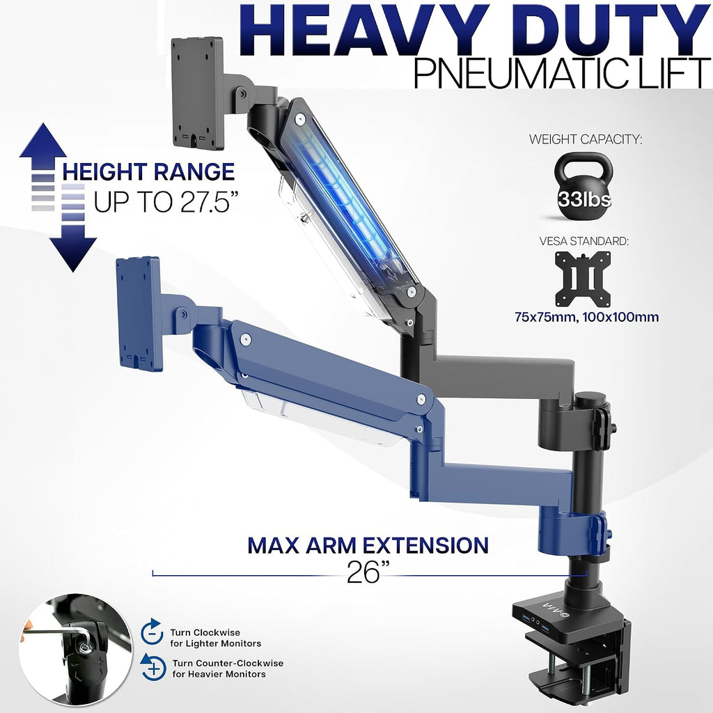 VIVO Premium Aluminum Tall Extended Monitor Arm for Ultrawide Monitors up to 49 inches and 33 lbs, USB Single Desk Mount Stand, Pneumatic Height Adjust, Max VESA 100x100, Black, STAND-V101GTU
