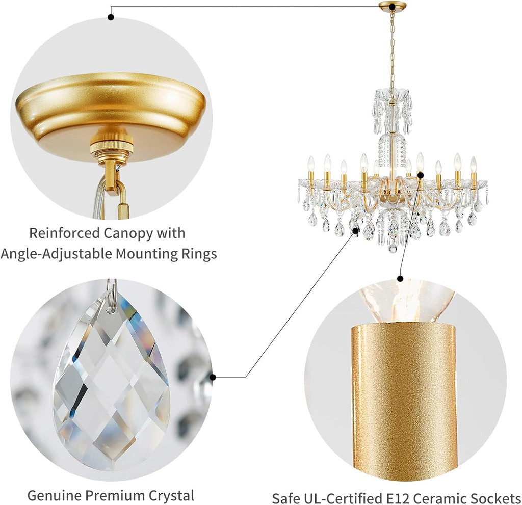 WUZUPS 10-Light Crystal Candle Chandelier Pendant Ceiling Light Modern Lighting Fixture for Bedroom Hallway Bar Kitchen Bathroom, H 26.7' W 33.9', E12 Base, Gold
