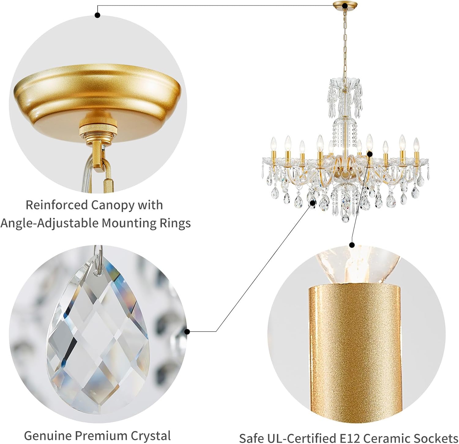 WUZUPS 10-Light Crystal Candle Chandelier Pendant Ceiling Light Modern Lighting Fixture for Bedroom Hallway Bar Kitchen Bathroom, H 26.7' W 33.9', E12 Base, Gold