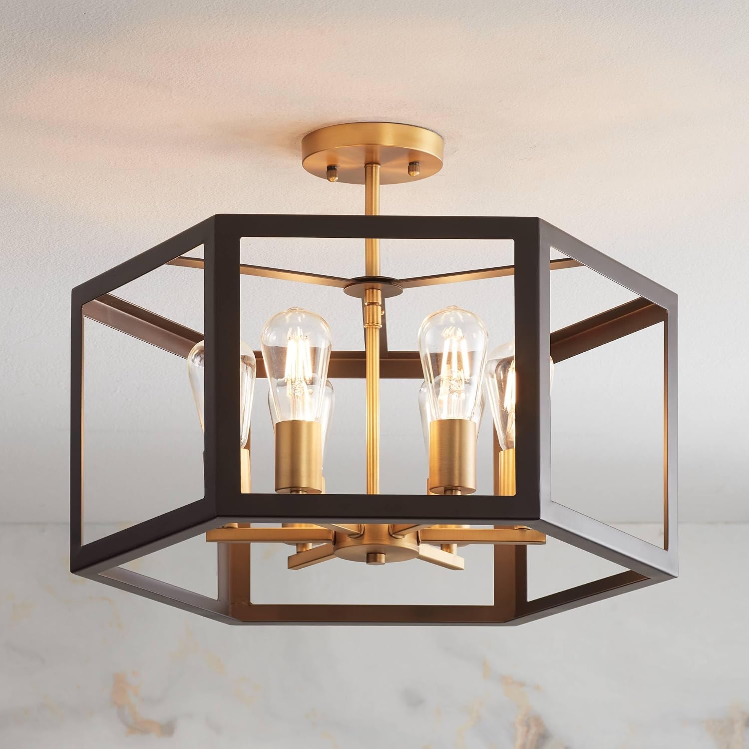 Possini Euro Design Beni Industrial Rustic Farmhouse Ceiling Light Semi Flush-Mount Fixture 20' Wide Antique Bronze Gold 6-Light Open Pentagon Frame for Bedroom Kitchen Living Room Hallway Dining