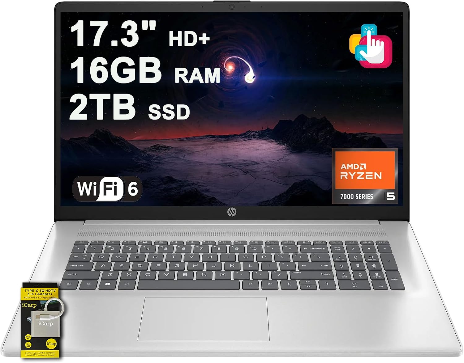 HP 17 Business Laptop 17.3' HD+ Touchscreen AMD 6-core Ryzen 5 7430U (Beats i7-1255U) 16GB RAM 2TB SSD Type-C Fast Charge Long-Lasting Battery Win11 ICP Hub