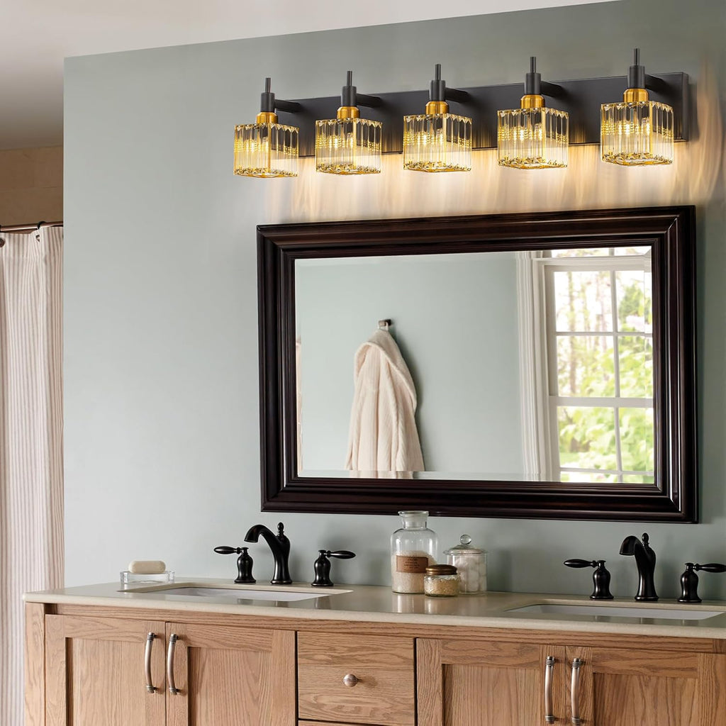 Modern Crystal Bathroom Vanity Light Black Gold 5-Lights Bathroom Lighting Fixtures Over Mirror, Brass Wall Light Fixtures