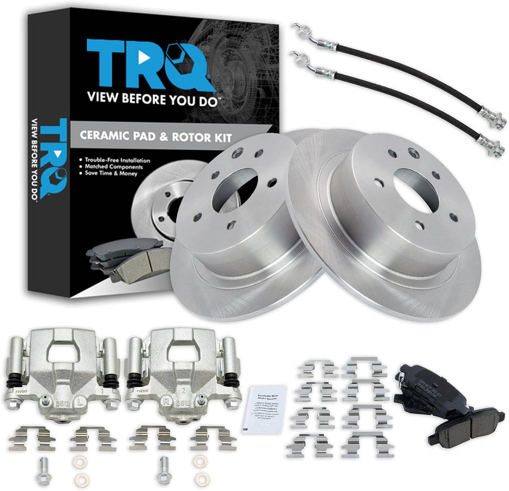 TRQ Rear Brake Pad and Rotor Set Ceramic Rotors Calipers Hoses Compatible with 2013 Nissan Altima