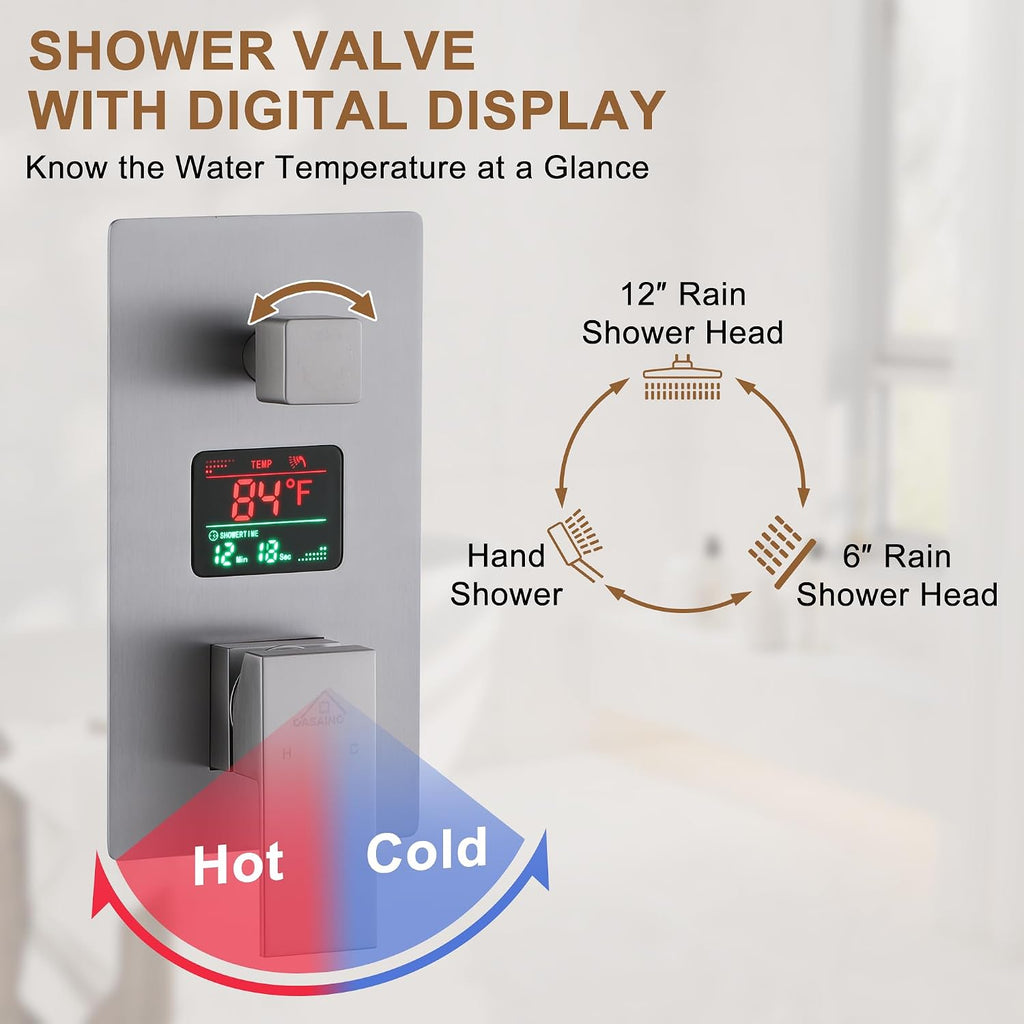 CASAINC Ceiling Mounted Shower System 12 Inch Rain Shower Head with Handheld Spray & 6 Inch Shower Head, Multifunctional Shower Faucet Set with Water Temperature Display (Brushed Nickel)