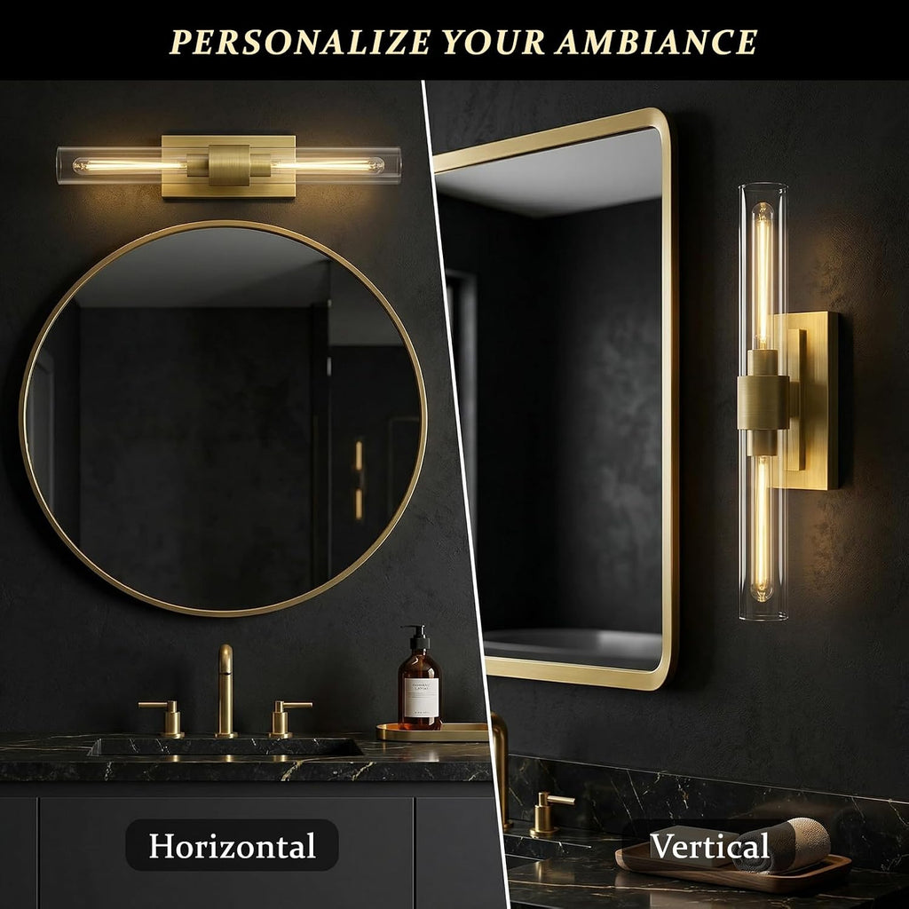 22.8' Brass Wall Sconces Set of 2, Modern Luxury 2-Light Bathroom Vanity Lights with Glass Tube Shade, Dimmable Hardwired Gold Wall Sconce for Bathroom Mirror, Living Room, Hallway (Bulbs Included)