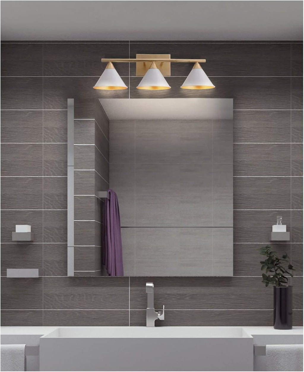 JONATHAN Y 25' White/Gold Modern Metal Vanity Light Wall Sconce for Bathroom Mirror, Bedroom, Hallway, White Metal Cone Shade, UL Listed, Hardwired, LED Bulb Included (JYL9014A)