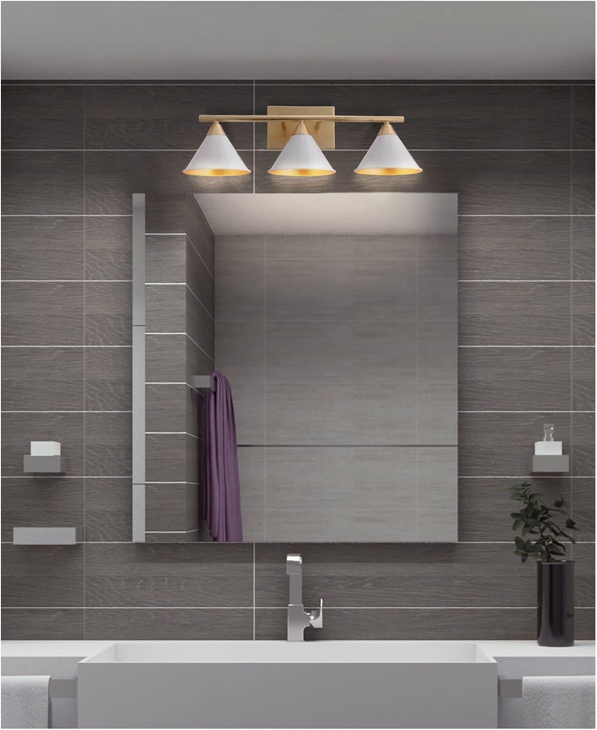 JONATHAN Y 25' White/Gold Modern Metal Vanity Light Wall Sconce for Bathroom Mirror, Bedroom, Hallway, White Metal Cone Shade, UL Listed, Hardwired, LED Bulb Included (JYL9014A)