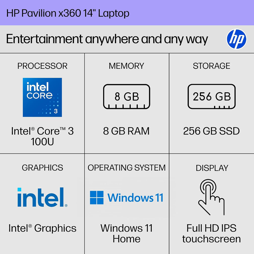 HP Pavilion x360 14 inch 2-in-1 Laptop PC, FHD Touchscreen Display, Intel Core 3 100U, 8 GB RAM, 256 GB SSD, Intel Graphics, Windows 11 Home, Space Blue, 14-ek2000nr