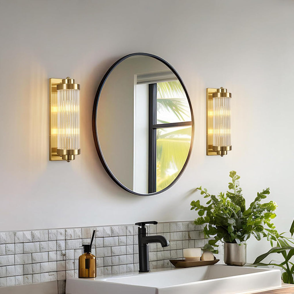 Gold Wall Sconces Set of Two with Crystal Glass Strip Bathroom Sconces Modern Wall Lights for Bedroom Living Room Hallway Wall Light Fixtures, 2 Light E12 Base