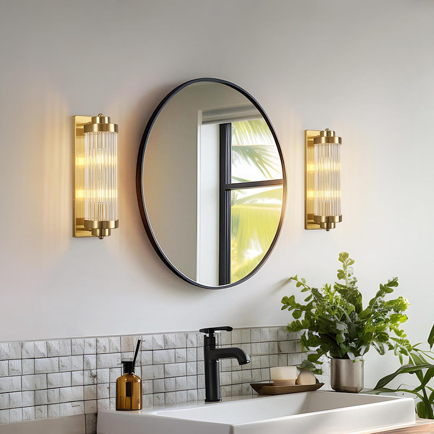 Gold Wall Sconces Set of Two with Crystal Glass Strip Bathroom Sconces Modern Wall Lights for Bedroom Living Room Hallway Wall Light Fixtures, 2 Light E12 Base
