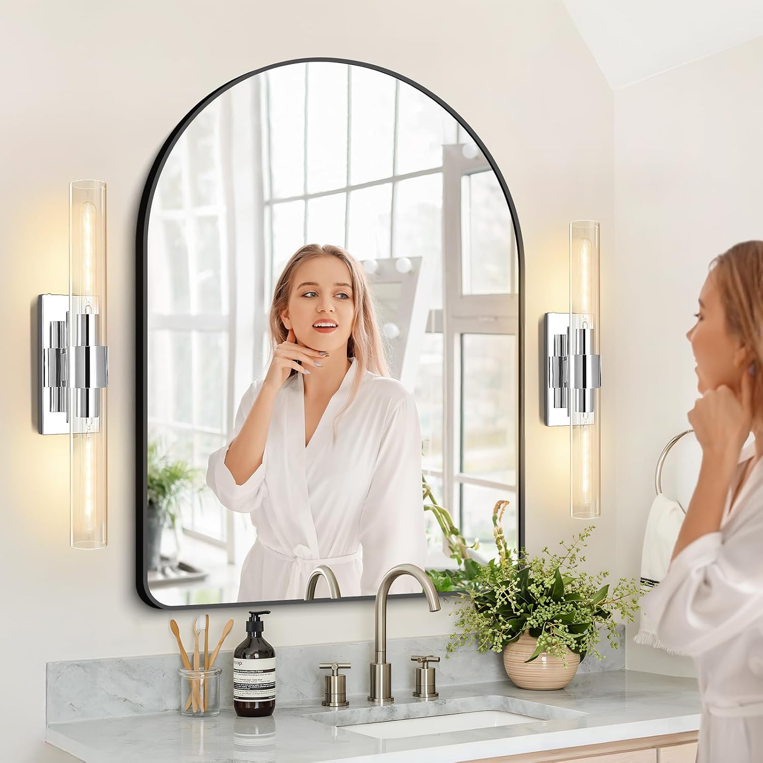 Chrome Wall Sconces, 22.8' Bathroom Sconces, Indoor Sconces Wall Lighting Up and Down, Nickel Wall Sconce Dimmable, Vanity Lights Fixtures with Tube, Glass Sconce for Bedroom, Staircase
