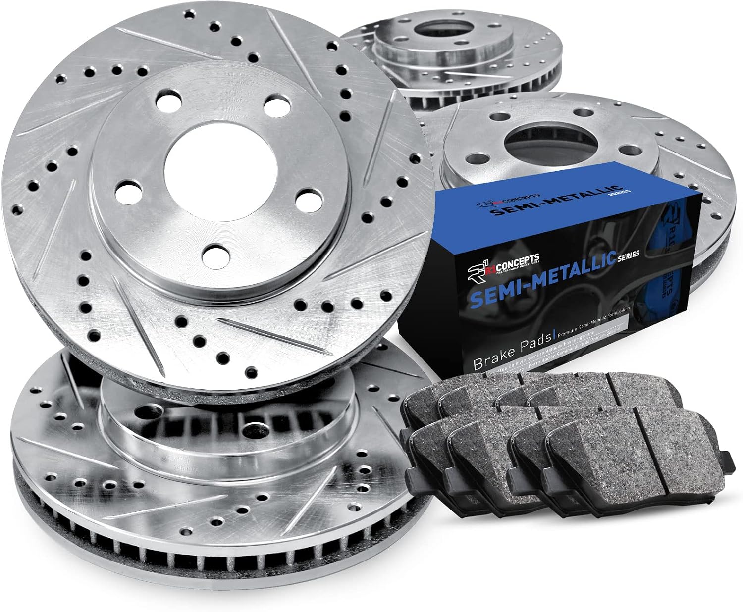 R1 Concepts Front and Rear Brake Kit Fits 1993 Chevrolet Camaro, Pontiac Firebird| Semi Met Brake Pads and Drilled Slotted Brake Rotors| 10.9' Front & 11.5' Rear