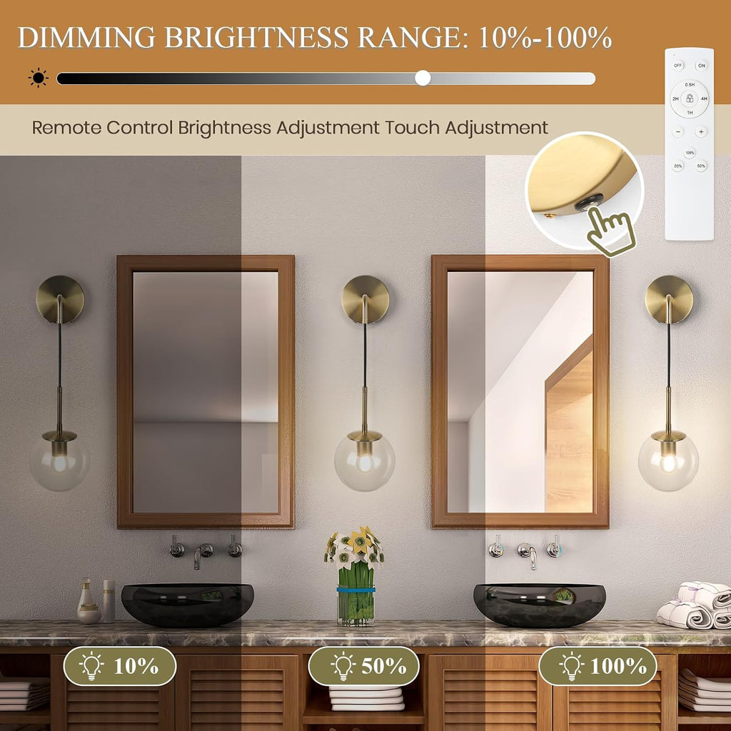 Battery Operated sconces Set of 2 Glass Globe Rechargeable Wall Light Fixture Wireless Wall Lights with Clear Glass Shade for Living Room, Hallway, Bedroom(2 Pack)
