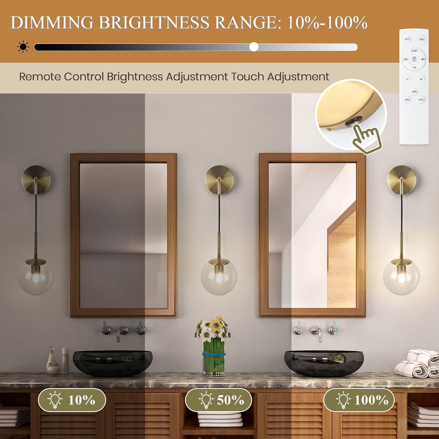 Battery Operated sconces Set of 2 Glass Globe Rechargeable Wall Light Fixture Wireless Wall Lights with Clear Glass Shade for Living Room, Hallway, Bedroom(2 Pack)