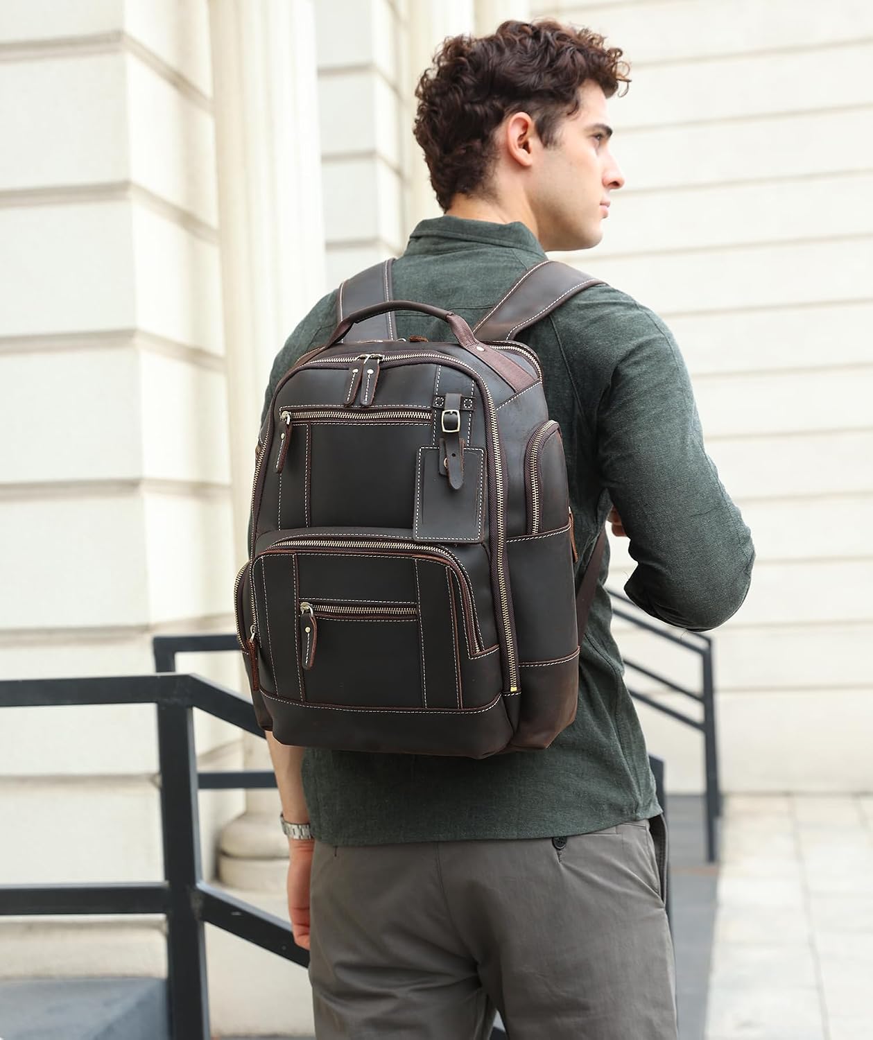 LANNSYNE Vintage Genuine Leather Backpack for men, 15.6' Laptop Backpack Travel Camping 24L Rucksack