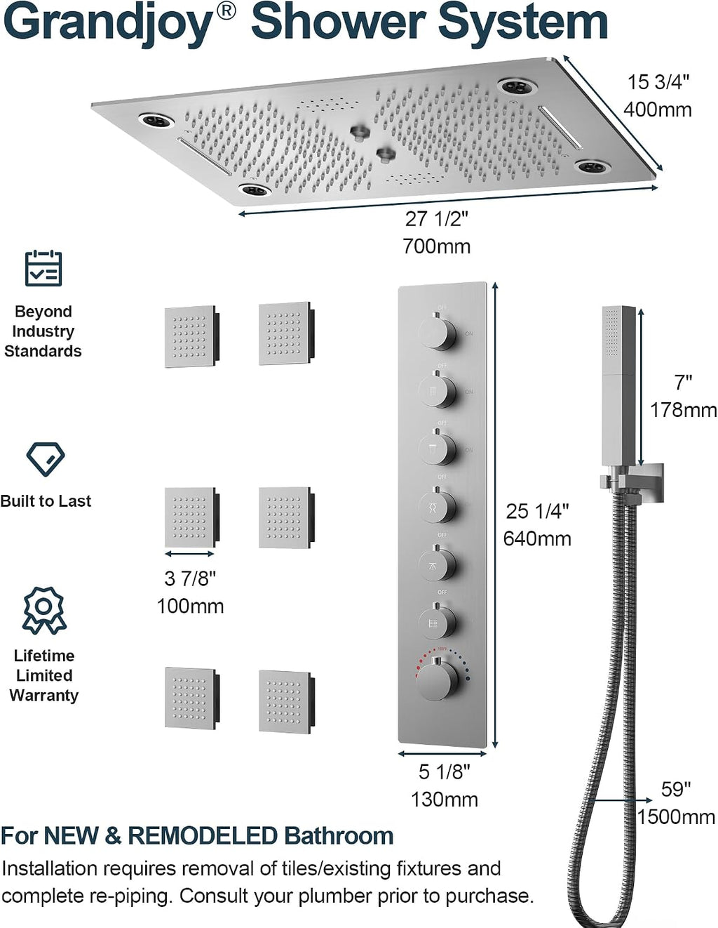 Luxury LED Shower System, 28' x 16' Ceiling Mount Bluetooth Music Speaker 4 Function Shower Head with 6 Body Jets, Brushed Nickel