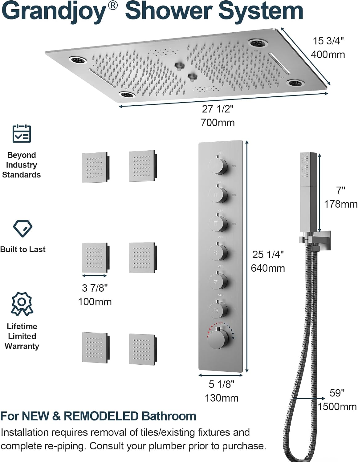 Luxury LED Shower System, 28' x 16' Ceiling Mount Bluetooth Music Speaker 4 Function Shower Head with 6 Body Jets, Brushed Nickel