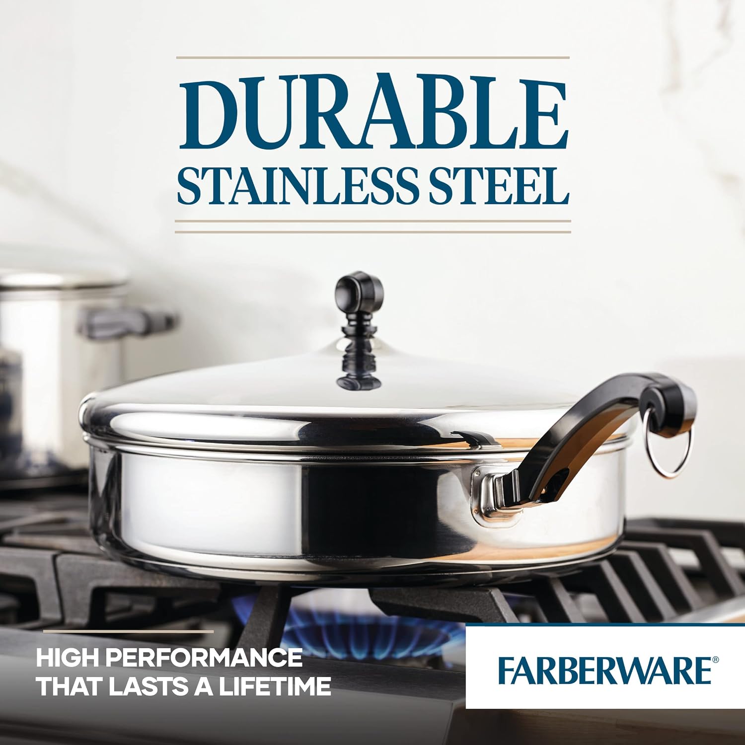Farberware Classic Saute Pan / Frying Pan / Fry Pan with Lid and Helper Handle - 4.5 Quart, Silver, 50012