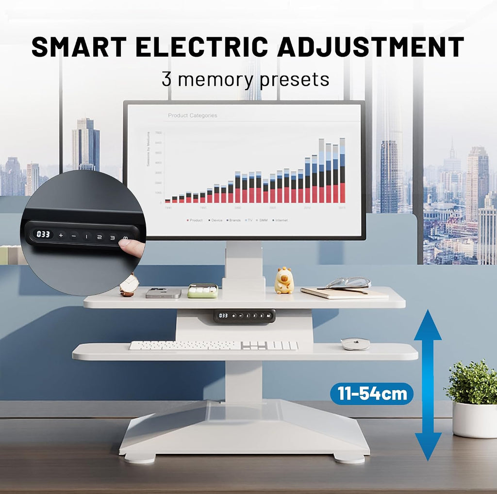 Electric Standing Desk Converter 28' Wide, Height Adjustable Desk Riser, Computer Workstation, Sit-Stand Convertor for Home, Office, School (White, 1 Arm Included)