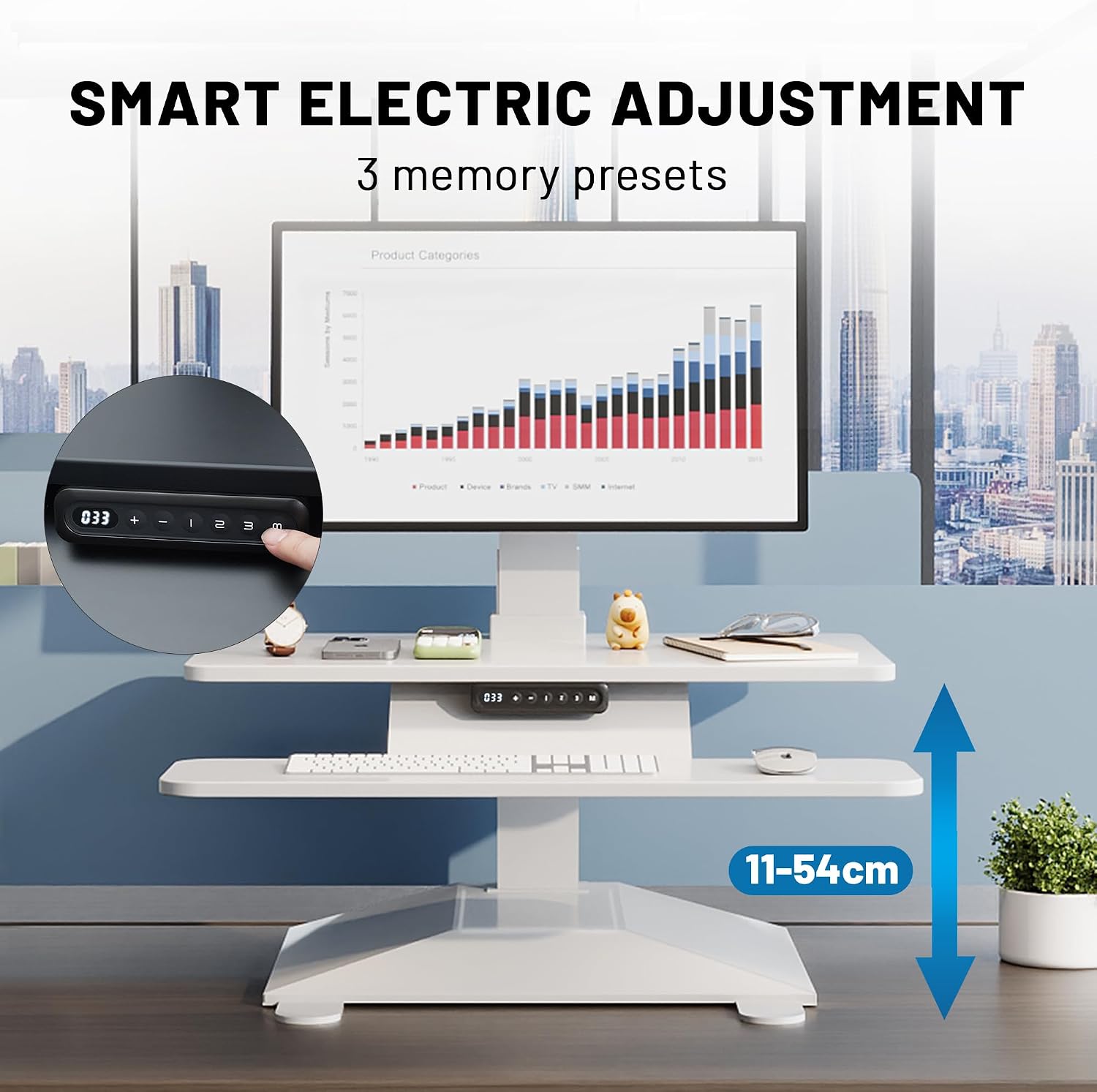 Electric Standing Desk Converter 28' Wide, Height Adjustable Desk Riser, Computer Workstation, Sit-Stand Convertor for Home, Office, School (White, 1 Arm Included)