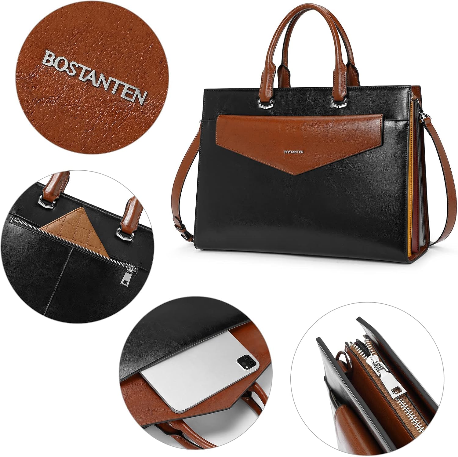 BOSTANTEN Briefcase for Women Laptop Tote 15.6 Inch Genuine Leather Handbag Work Bag Beige