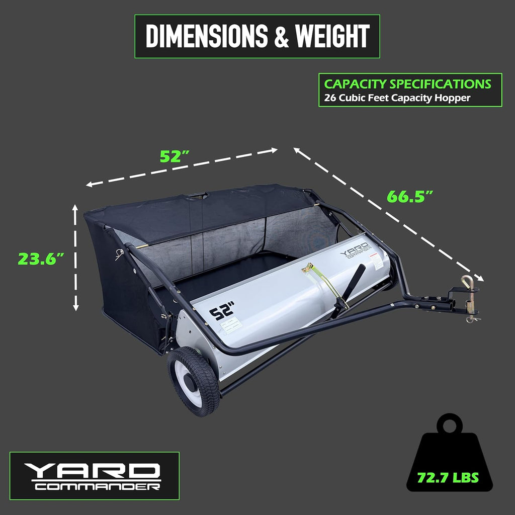 Yard Commander - 52-Inch Tow-Behind Lawn Sweeper, 10' Nylon Brushes, Universal Tractor/ATV Hitch, Never-Flat Wheels, Adjustable Height, 1-Year Warranty, Ideal for Leaves, Grass & Debris