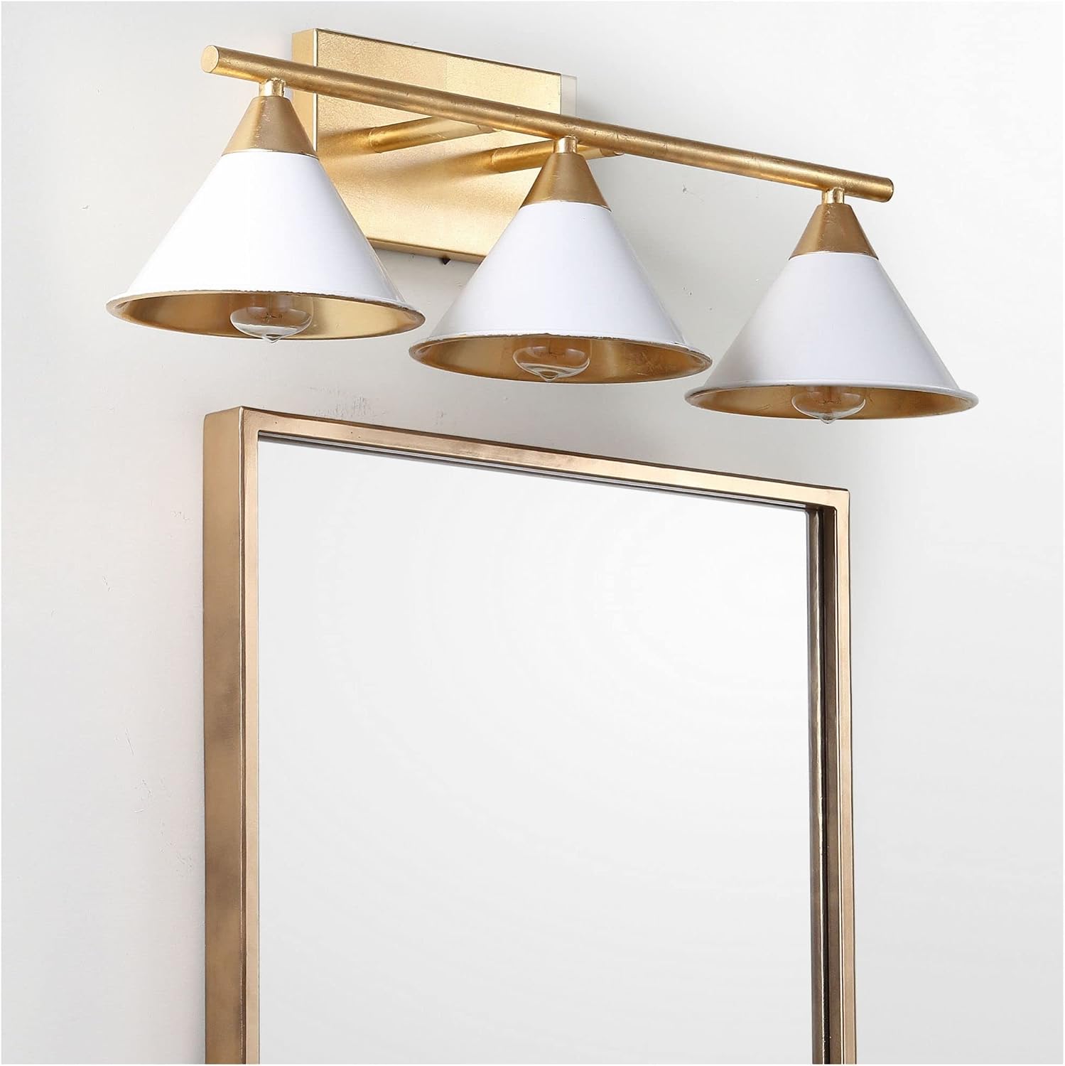 JONATHAN Y 25' White/Gold Modern Metal Vanity Light Wall Sconce for Bathroom Mirror, Bedroom, Hallway, White Metal Cone Shade, UL Listed, Hardwired, LED Bulb Included (JYL9014A)
