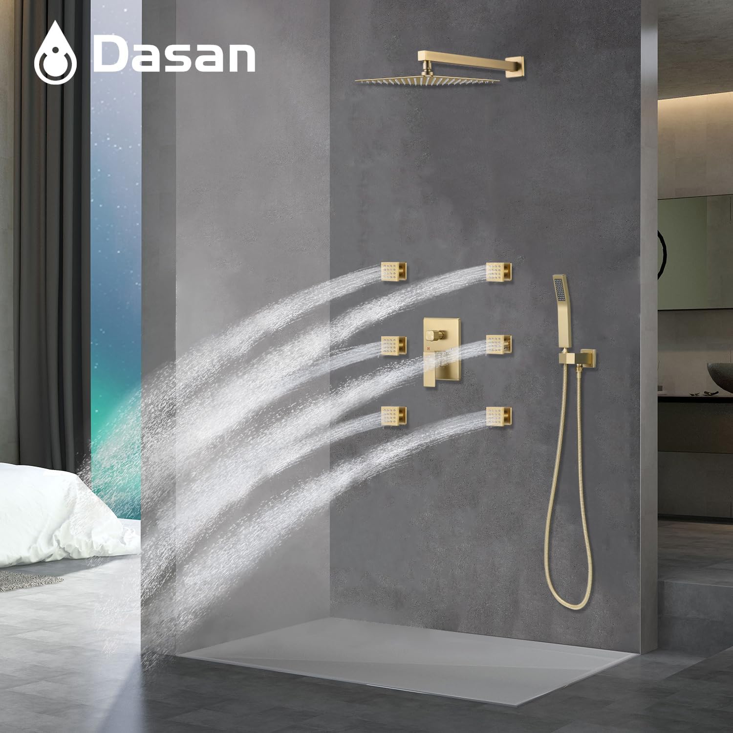 DASAN Full Body Shower System with 6 PCS Body Spray Jets & 12'' Rain Overhead Shower & Handheld, In-Wall Rain Shower System Brushed Gold Shower Faucets Sets Complete with Valve, SA-SS03ABG-S12W