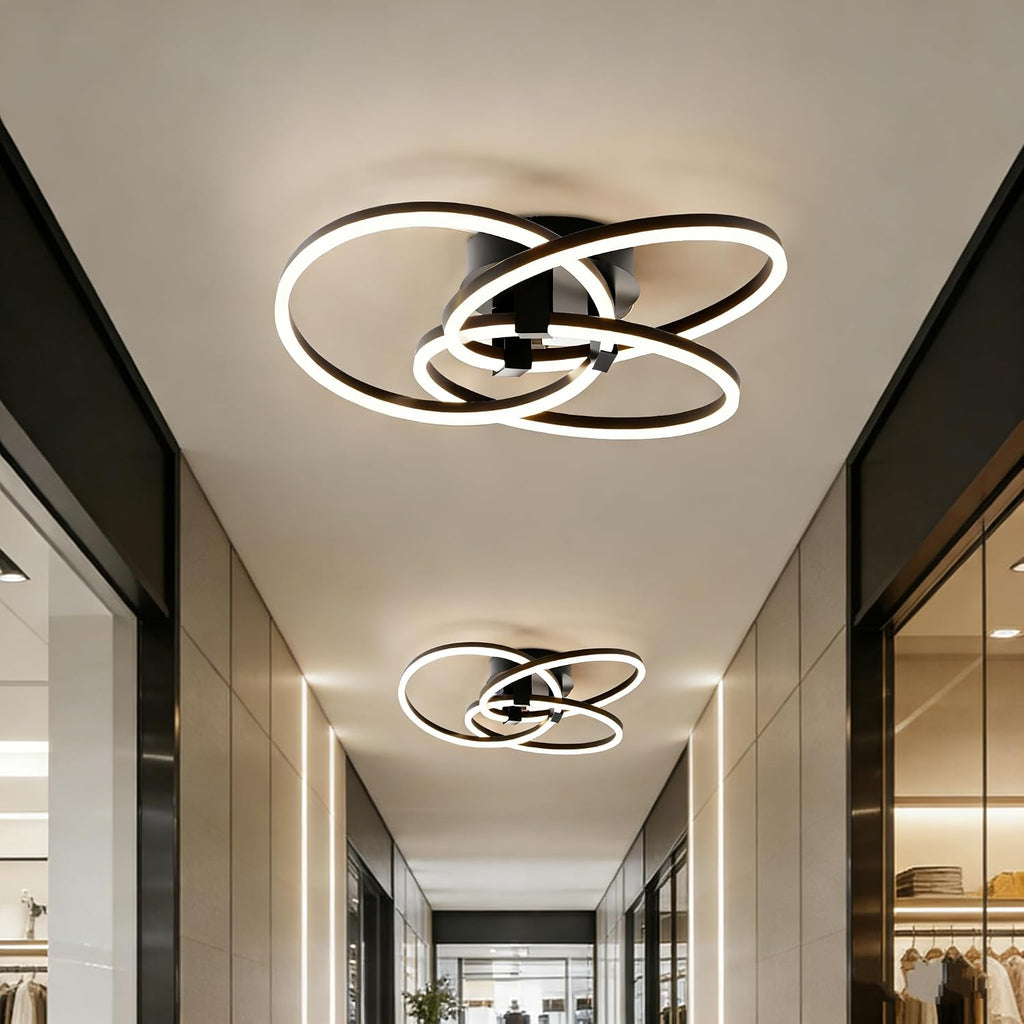 Maxax 3 Ring LED Ceiling Light Fixture, 23'W * 7.5'H, Circle Modern Semi Flush Mount Chandelier, AL Alloy Frame, 45W Dimmable, ETL, for Bedrooms, Living room, Kitchen, Entryway, Hallway, Matte Black