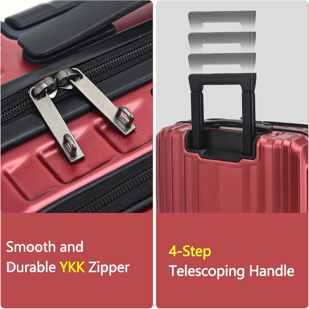 TydeCkare 16' Carry on Luggage with 2 Laptop Compartments, Lightweight Hardshell ABS+PC Suitcase with Dual Control TSA Lock, with YKK Zipper, 4 Spinner Silent Wheels, for Business Travel, Wine Red