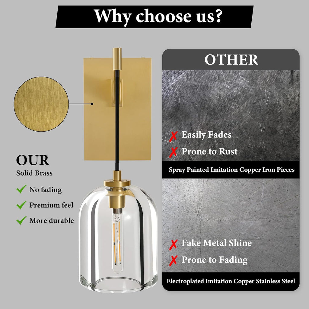 Crystal Brass Hemisphere Wall Sconce - Set of 2 Gold Brushed Dimmable Sconces with Bulbs - Luxury Indoor Lighting Fixture - Modern Hanging Light Decor for Bedroom Living Room Bathroom Vanity Hallway