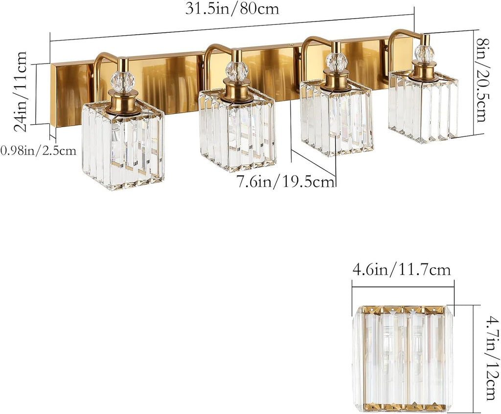Ralbay Crystal Vanity Lights 4-Lights 31.5''Gold Bathroom Lighting Fixtures Over Mirror Modern Crystal Gold Bathroom Vanity Lights