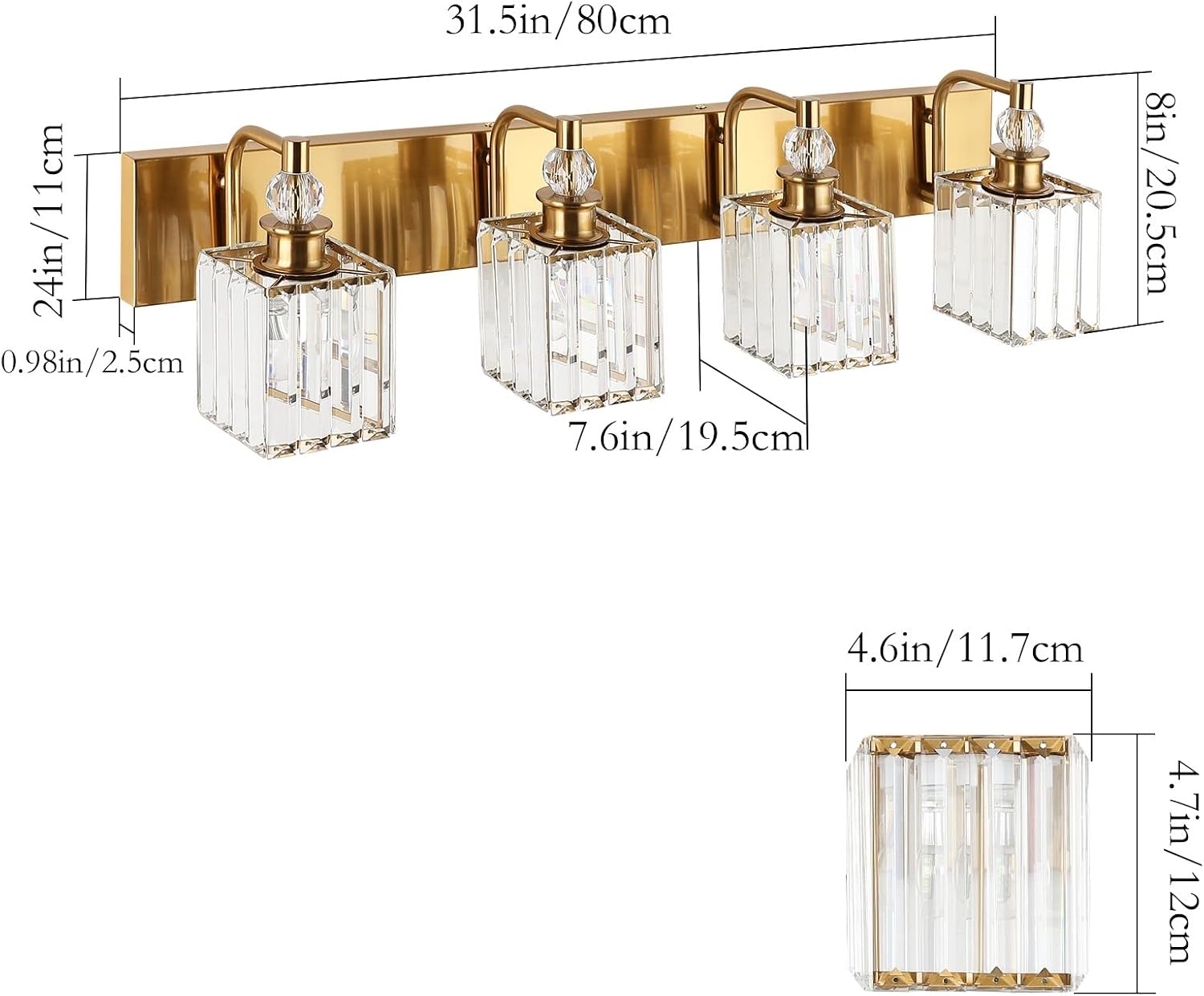 Ralbay Crystal Vanity Lights 4-Lights 31.5''Gold Bathroom Lighting Fixtures Over Mirror Modern Crystal Gold Bathroom Vanity Lights