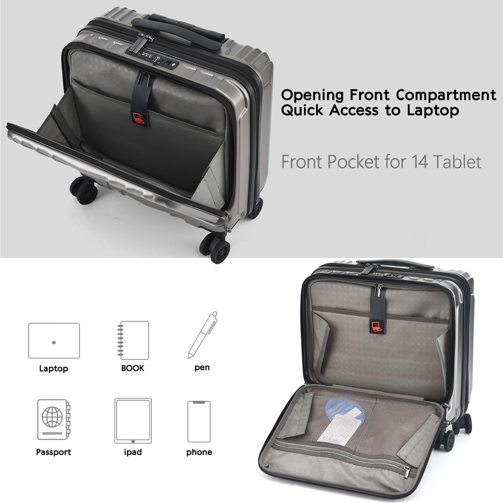 TydeCkare 16' Carry on Luggage with 2 Laptop Compartments, Lightweight Hardshell ABS+PC Suitcase with Dual Control TSA Lock, with YKK Zipper, 4 Spinner Silent Wheels, for Business Travel, Silver Grey