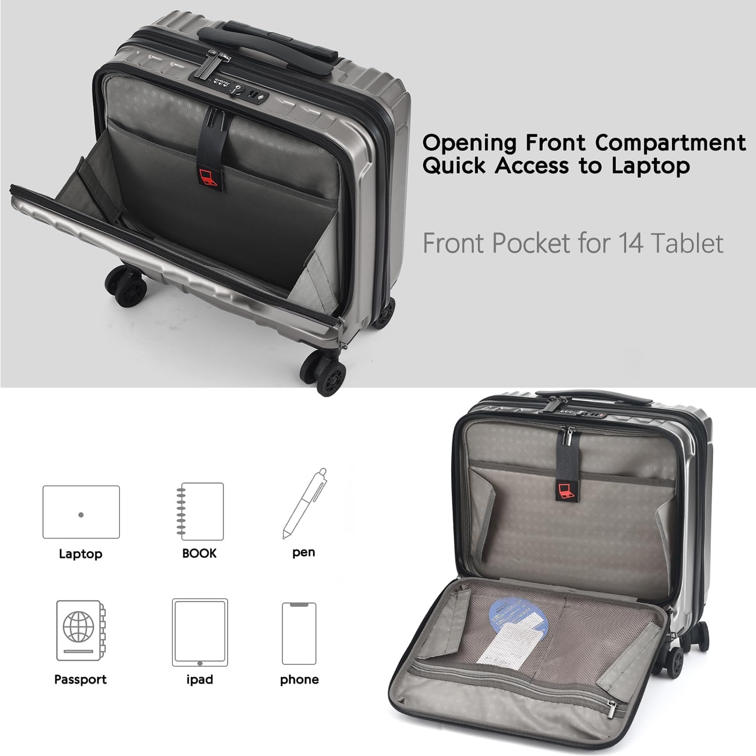 TydeCkare 16' Carry on Luggage with 2 Laptop Compartments, Lightweight Hardshell ABS+PC Suitcase with Dual Control TSA Lock, with YKK Zipper, 4 Spinner Silent Wheels, for Business Travel, Silver Grey