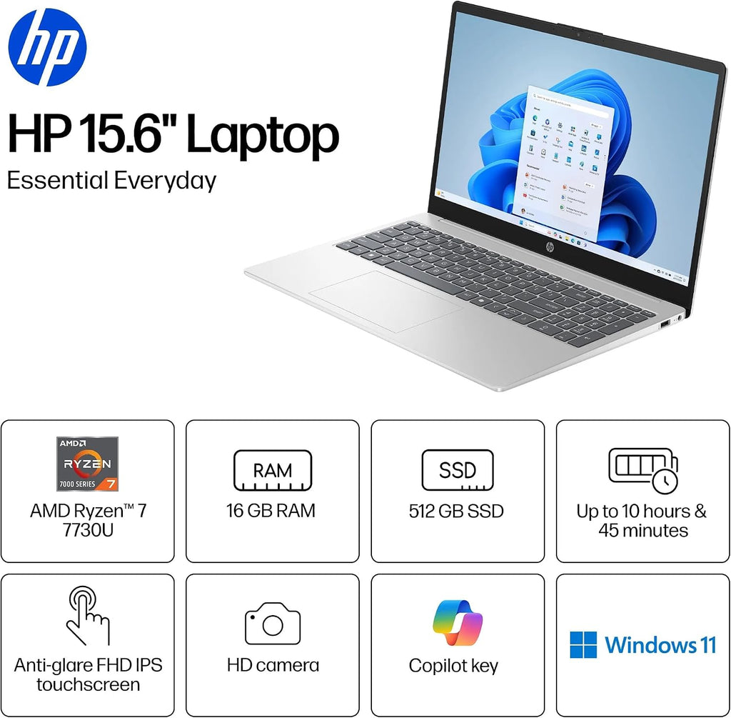 HP 15.6 FHD Touchscreen Laptop | AMD Ryzen 7 7730U, 8 Cores, Upto 4.5GHz (Beats Intel i7-1355U) | 16GB RAM, 1TB Space(512GB SSD+512GB External) | Windows 11 no Mouse | Office 365 for the Web