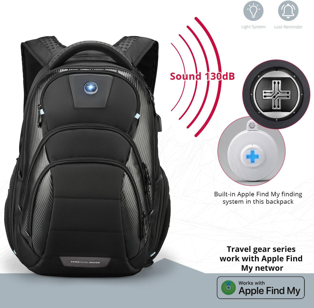 Swissdigital Design Men's 17 Inch Laptop Backpack with Apple Find My Network and USB Charging Port, Large Capacity Business Travel Backpack for College and Business Black | SD1643FB-01