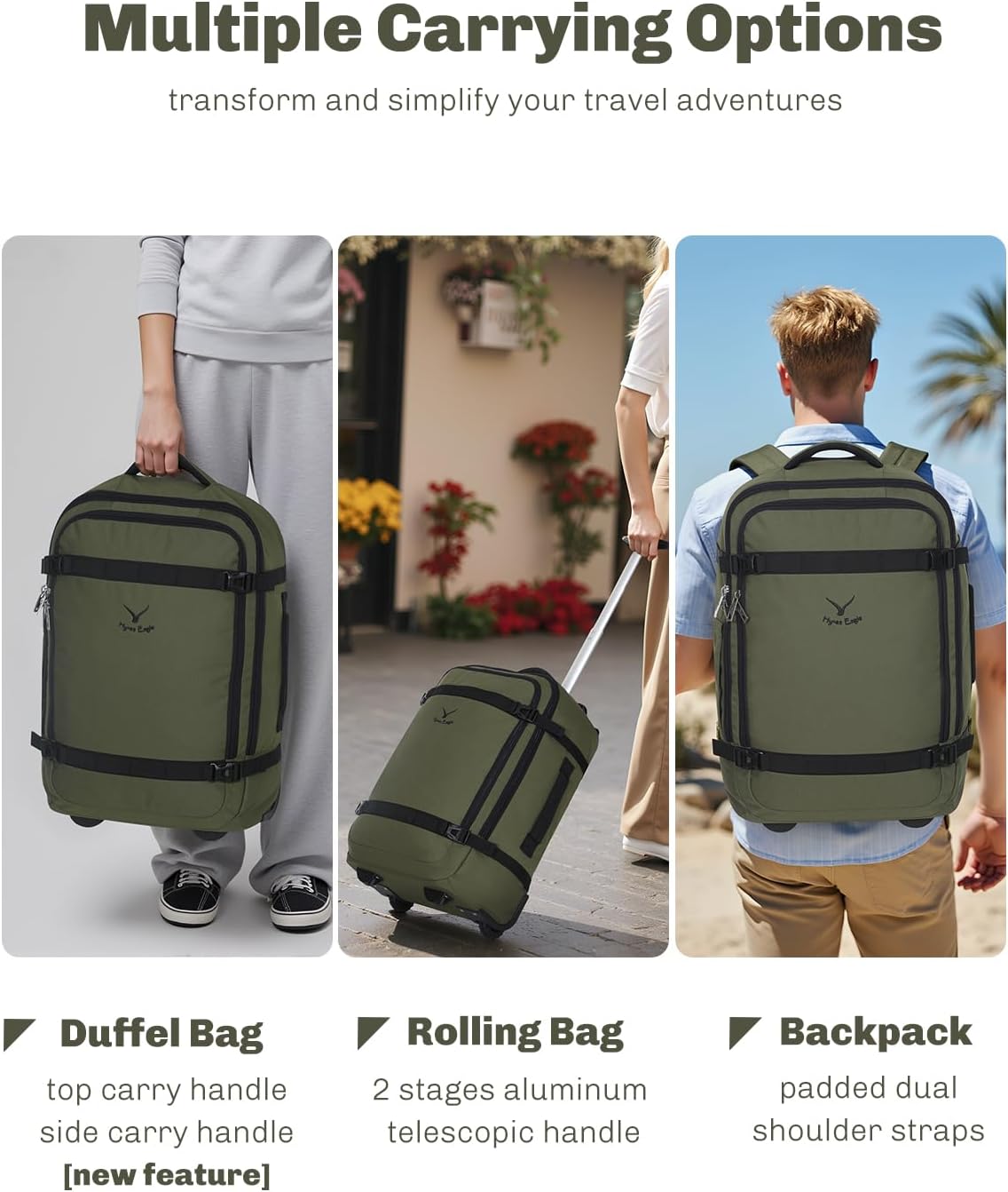 Hynes Eagle Rolling Backpack 42L Backpack with Wheels Airline Approved Carry on Luggage Laptop Travel Suitcase Bag for Women Men Dark Green