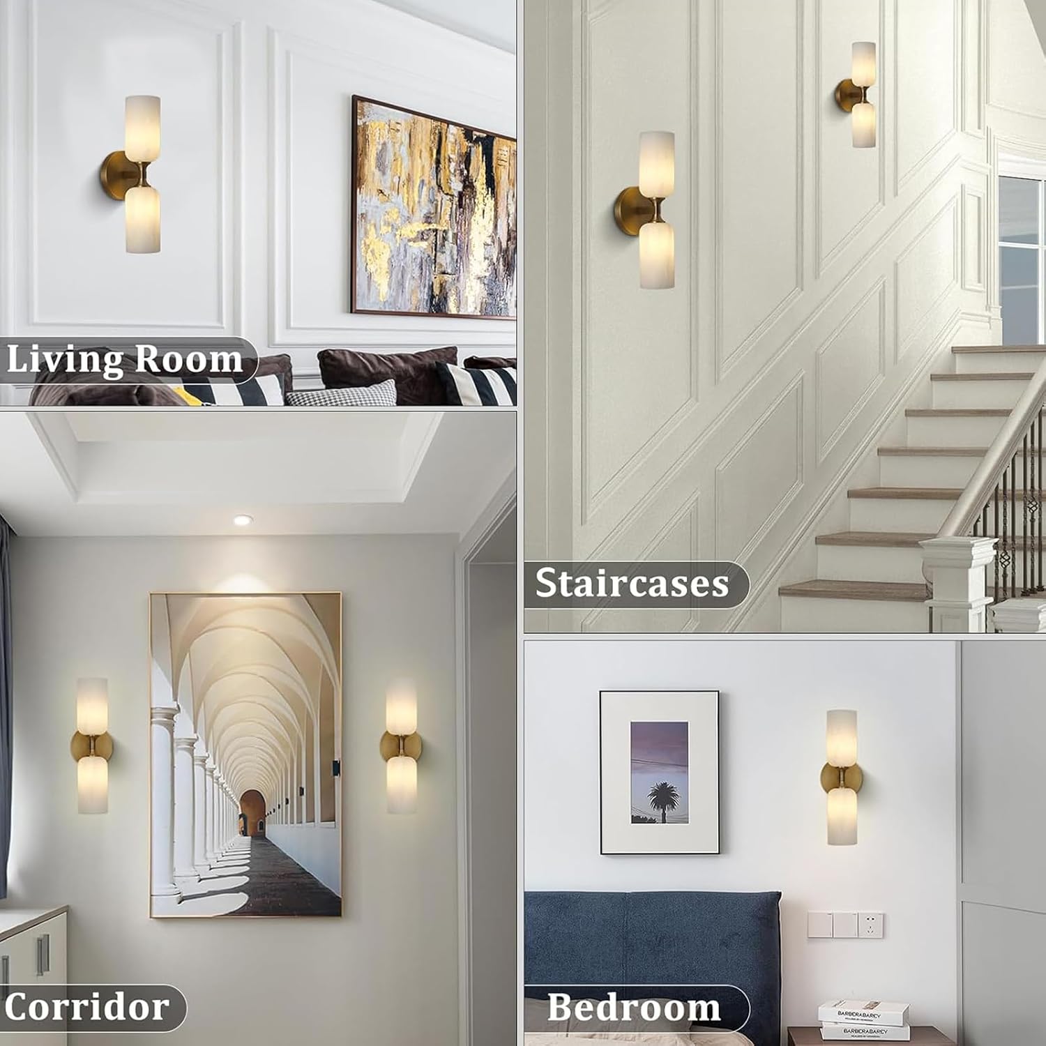 Alabaster Wall Sconce Set of 2, 14in Modern Brass Spanish Natural Marble Bathroom Vanity Sconces, Indoor Gold Wall Lighting Fixtures Decor for Bedroom Living Room Staircases