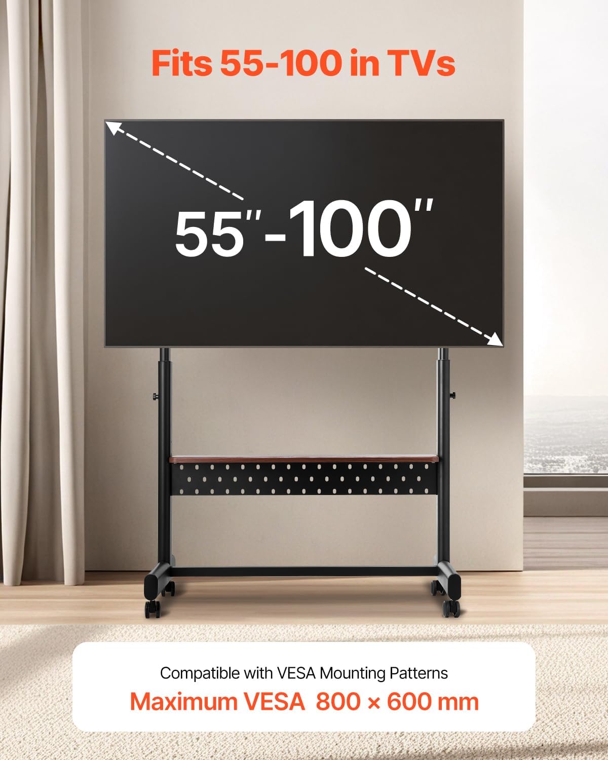 VEVOR Rolling TV Stand, Mobile TV Cart for 55-100 Inch Screens, Height Adjustable Portable Monitor Stand with Tray, Holds up to 205 lbs for Living Room, Bedroom, Office, Outdoor Max VESA 800 x 600 mm