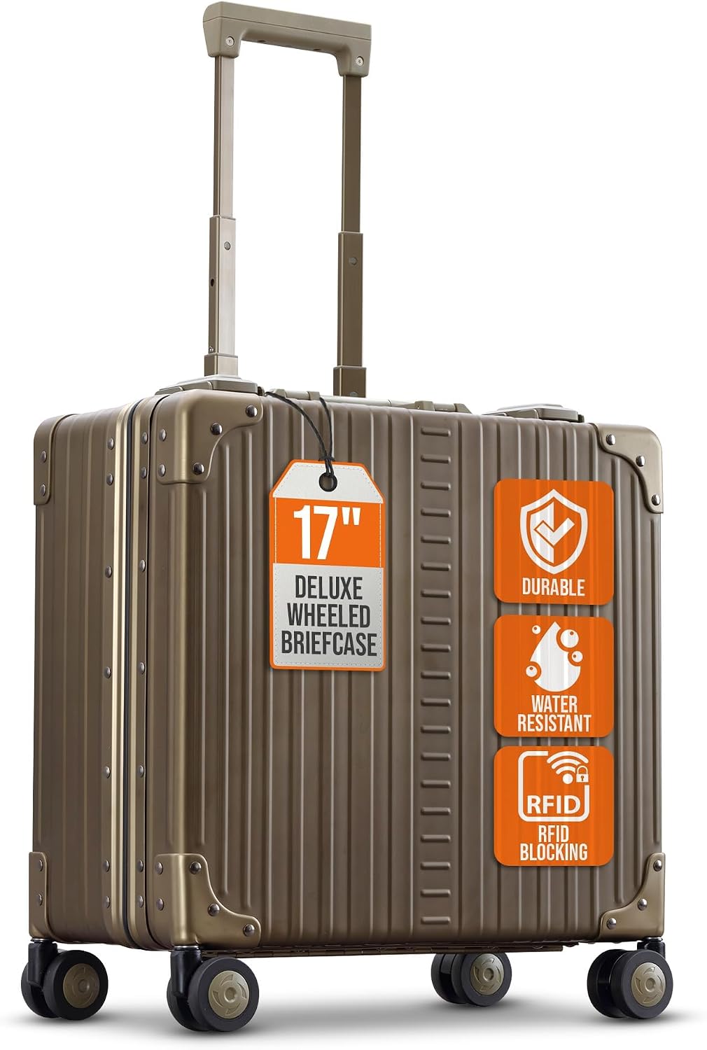 All Aluminum Lightweight 17' Deluxe Rolling Laptop Catalog Case for Men and Women | Vertical Opening Carry-On Bag with TSA Locks & Aircraft-Grade Aluminum Frame - Optimal Travel Companion (Champagne)
