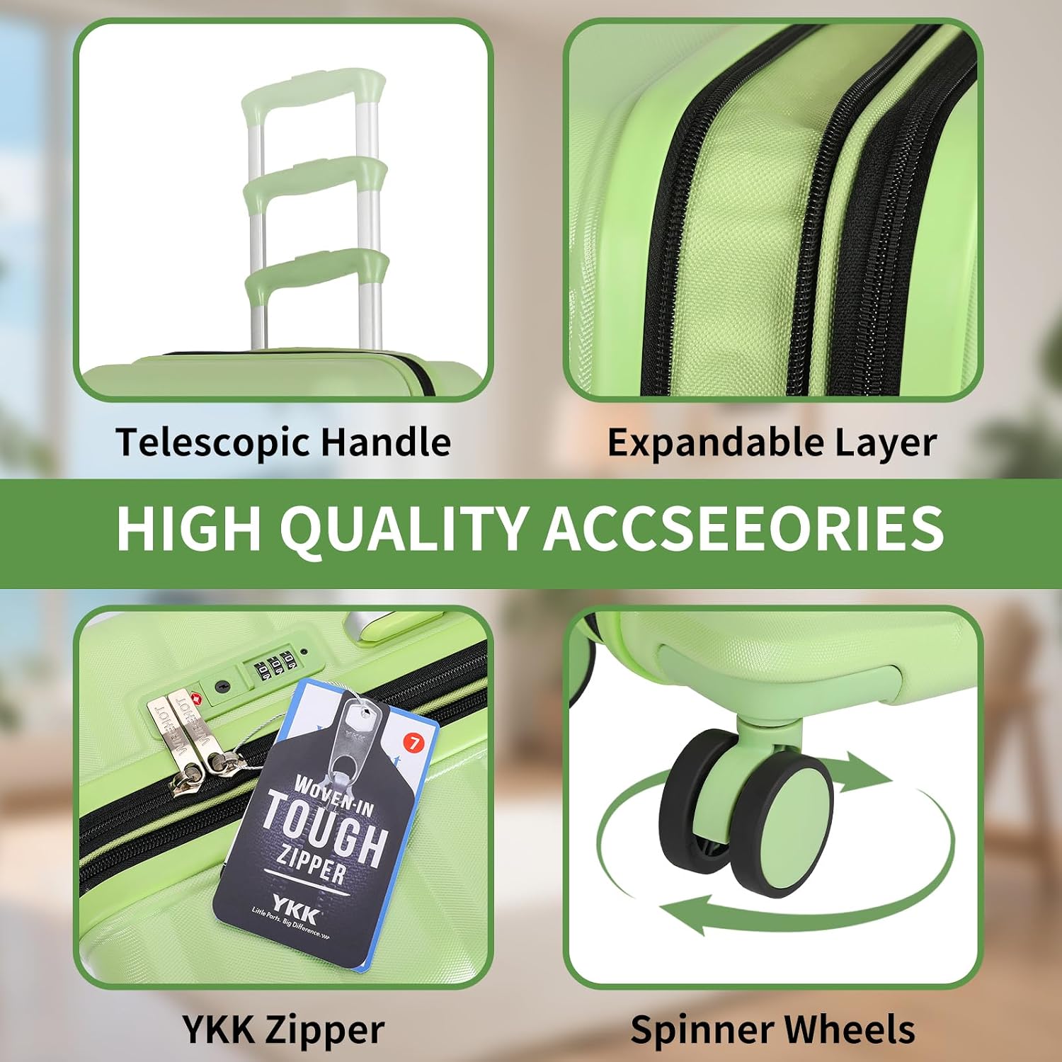 WireHot 5-Piece Luggage Set, Lightweight ABS+PC Hard Shell Suitcase with YKK Zipper & TSA Lock for Family, Avocado Green, 14in/18in/20in/24in/28in