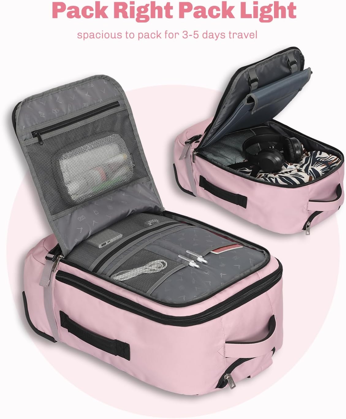 Hynes Eagle Rolling Backpack 42L Backpack with Wheels Airline Approved Carry on Luggage Laptop Travel Suitcase Bag for Women Men Light Pink