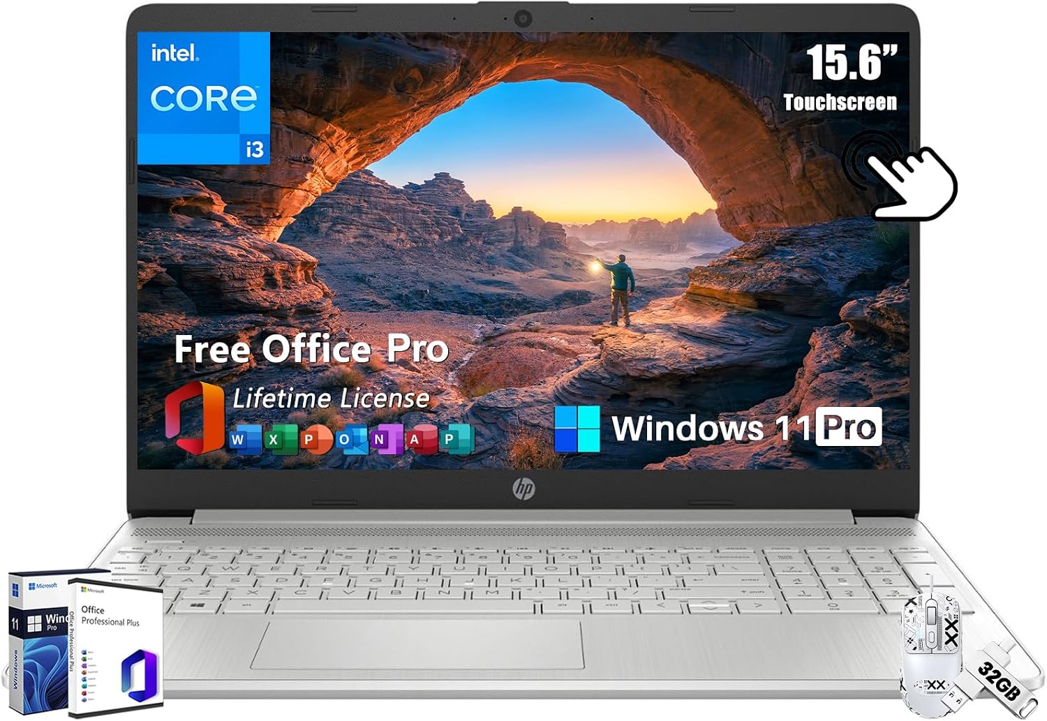 HP 15.6' Touchscreen Laptop for Work, Win 11 Pro & Microsoft Office Lifetime License, 15.6' HD Screen, 64 GB RAM, 1 TB SSD, Intel i3-1215U, Long Battery Life, Webcam, Wi-Fi, with Bonus Accessories