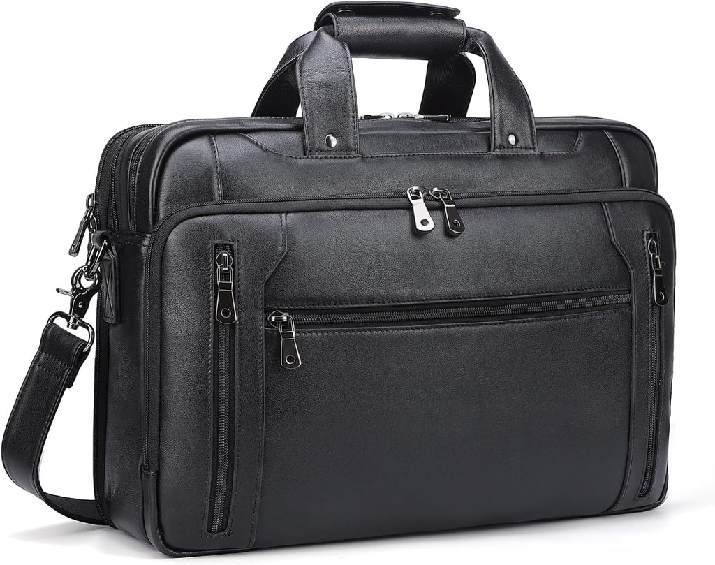 Masa Kawa Black Leather Briefcase for Men, Waterproof 16 Inch Laptop Computer Case, Crossbody Shoulder Messenger Bag for Business Travel, Office Work