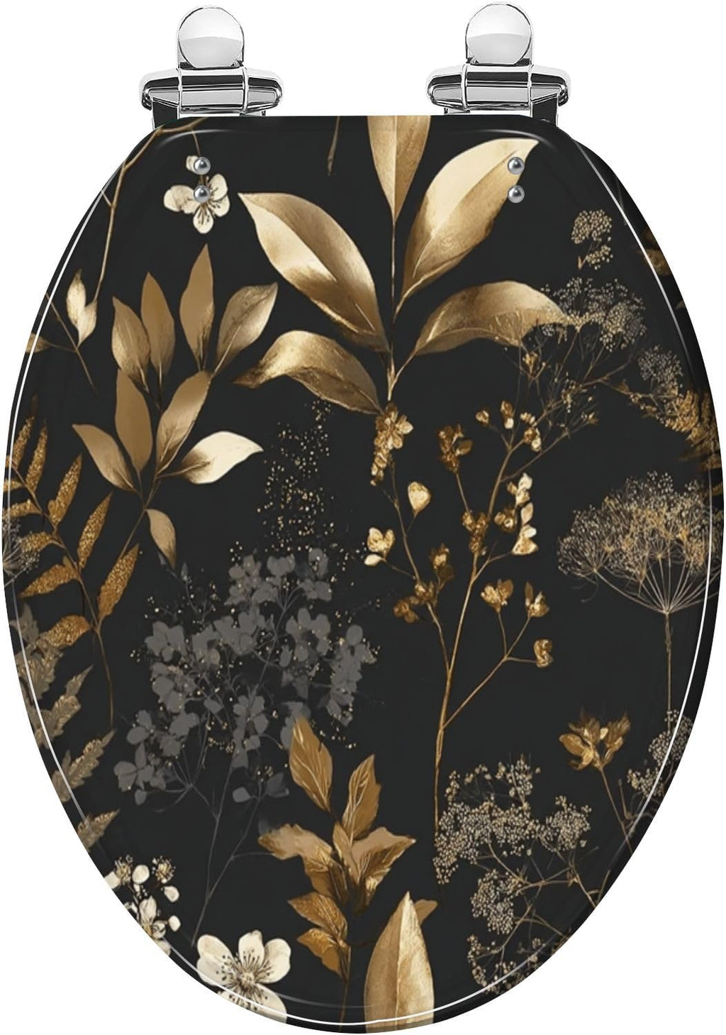 Elongated Toilet Seat Gold Silver Floral Black Leaves Flowers Resin Toilet Seat Quietly Close Quick Release Hinges with Cover Bumpers Decorative Easy to Install Clean