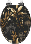 Elongated Toilet Seat Gold Silver Floral Black Leaves Flowers Resin Toilet Seat Quietly Close Quick Release Hinges with Cover Bumpers Decorative Easy to Install Clean